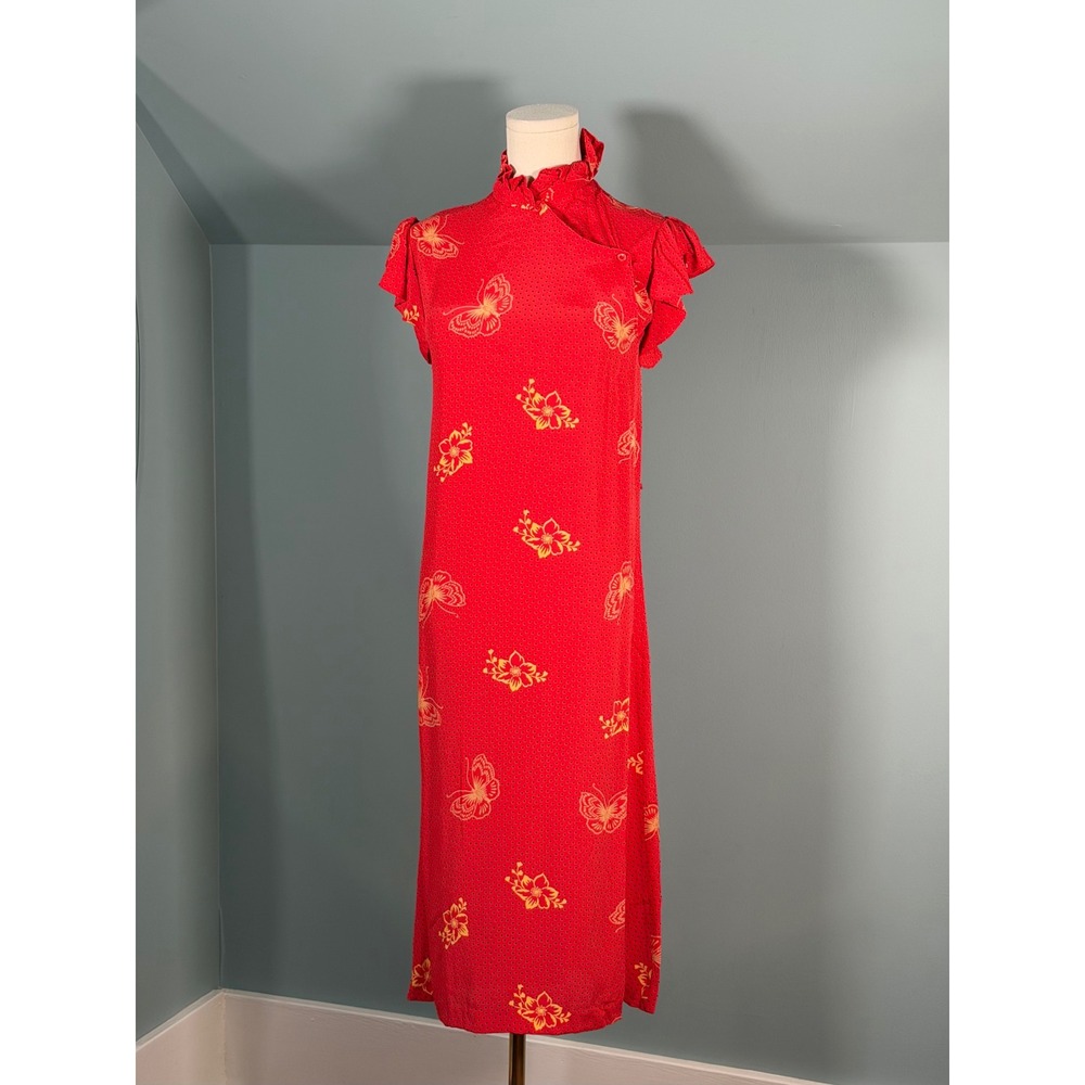 Vintage 1970s Red Dress Butterfly Polka Dot Cheongsam Qipao 70s Shift Large - Picture 3 of 9